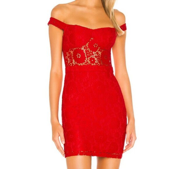 Superdown Naressa Off Shoulder Dress Red Lace Mini Revolve Cocktail Short Corset - Picture 1 of 4